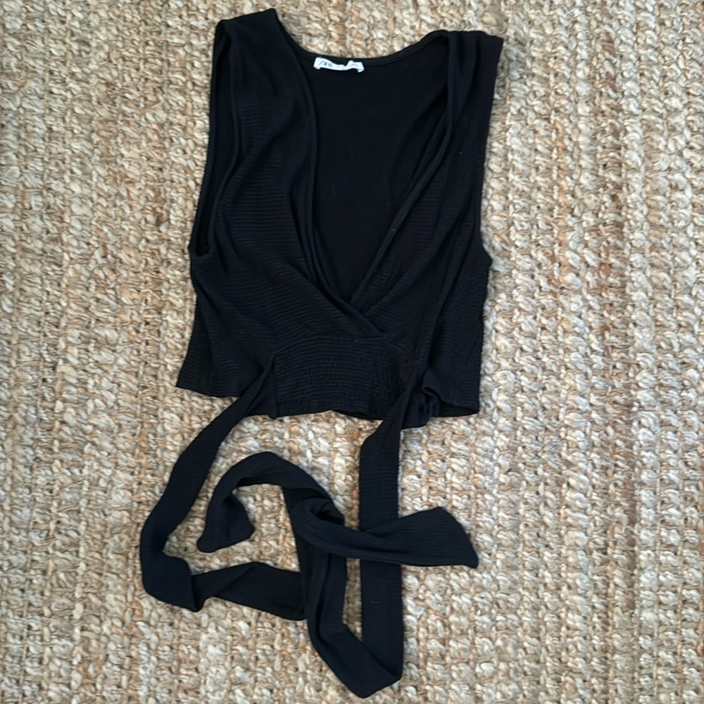 ZARA BLACK KNIT WRAP V NECK TOP TIE RIBBED CROP TOP SIZE SMALL BUNDLE
